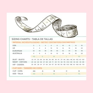 Puede incluir: Una tabla de tallas con medidas en pulgadas y cent&iacute;metros. La tabla incluye medidas de busto, cintura y cadera, as&iacute; como tallas de copa. Un dibujo de una cinta m&eacute;trica est&aacute; en la parte superior de la imagen.