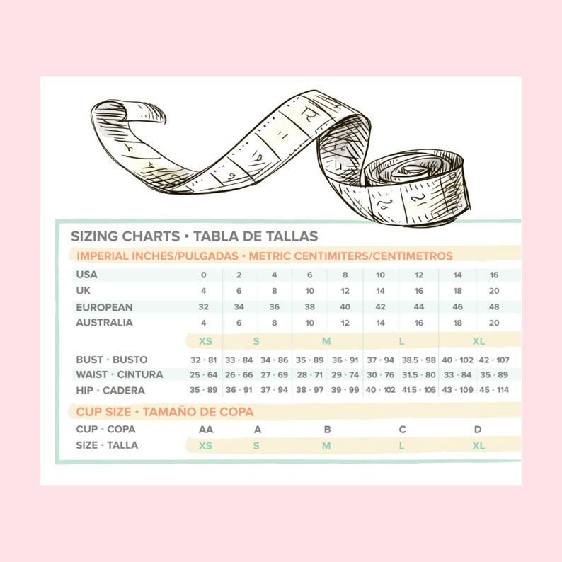 Puede incluir: Una tabla de tallas con medidas en pulgadas y cent&iacute;metros. La tabla incluye medidas de busto, cintura y cadera, as&iacute; como tallas de copa. Un dibujo de una cinta m&eacute;trica est&aacute; en la parte superior de la imagen.