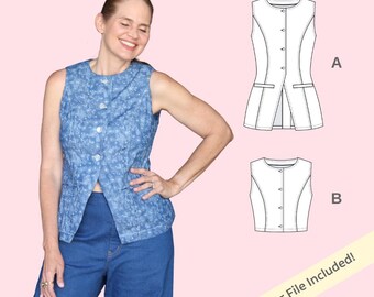 Kari Vest PDF Easy Sewing Pattern / 2 styles: Cropped or welt pockets / Includes US sizes xs to xxl (Approx. UK 8 – 22) / Digital Download