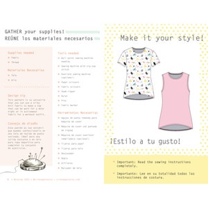 May include: A sewing pattern for a sleeveless top with a pink and white design. The pattern includes instructions for making the top in different styles. The text "Make it your style!" and "&iexcl;Estilo a tu gusto!" is included in the image.
