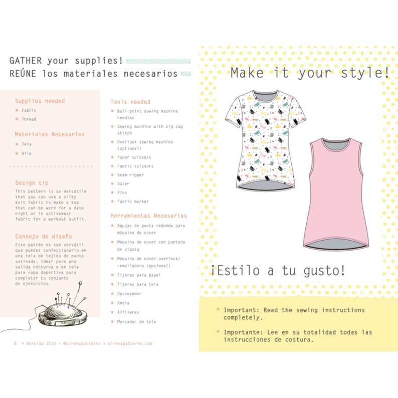 May include: A sewing pattern for a sleeveless top with a pink and white design. The pattern includes instructions for making the top in different styles. The text "Make it your style!" and "&iexcl;Estilo a tu gusto!" is included in the image.