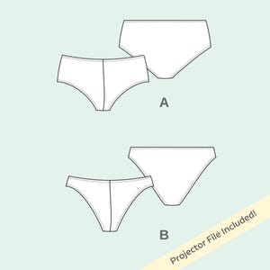 Op de afbeelding: Lijntekening van twee paren wit ondergoed, gelabeld A en B, tegen een lichtgroene achtergrond. De tekst "Projector File Included!" staat in de rechter benedenhoek. De ondergoedstijlen zijn verschillend.