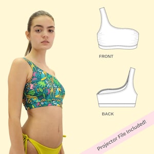 Amilia One Shoulder Swimsuit Yoga Crop Top PDF Sewing Pattern / US sizes xs to 3xl (Approx. UK 8 – 24) Digital Download w/Projector Pattern