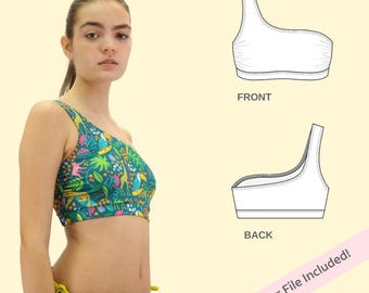 Amilia Jednoramienny kostium kąpielowy do jogi Crop Top Wzór do szycia w formacie PDF / Rozmiary amerykańskie od XS do 3XL (w przybliżeniu UK 8 – 24) Pobieranie cyfrowe ze wzorem projektora