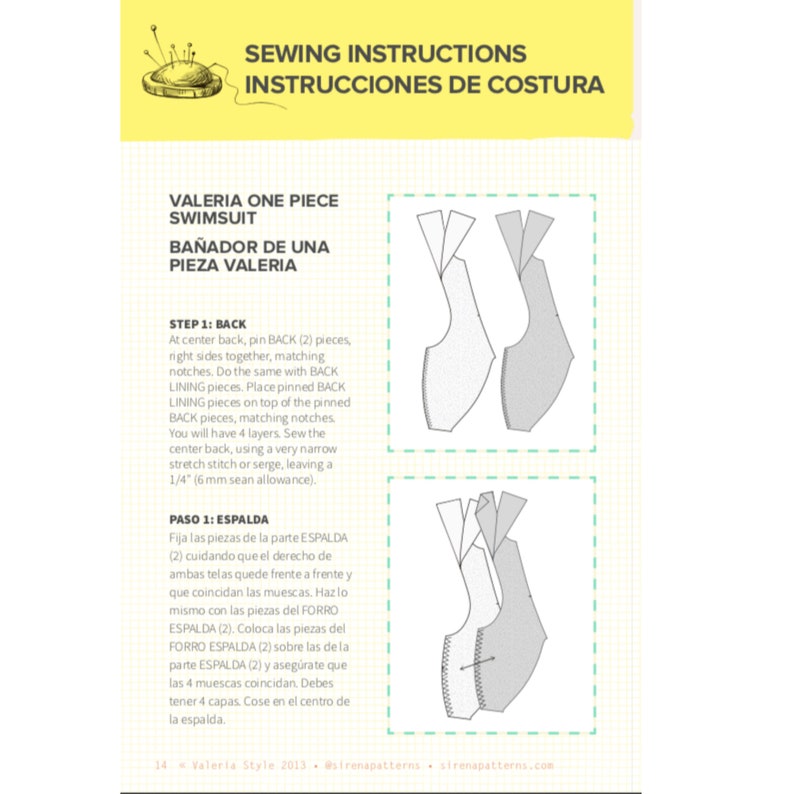 Puede incluir: Instrucciones de costura para un ba&ntilde;ador de una pieza Valeria. La imagen muestra diagramas y texto en ingl&eacute;s y espa&ntilde;ol, que detallan los pasos para ensamblar el ba&ntilde;ador. Incluye diagramas de las piezas del ba&ntilde;ador e instrucciones para coser la espalda.