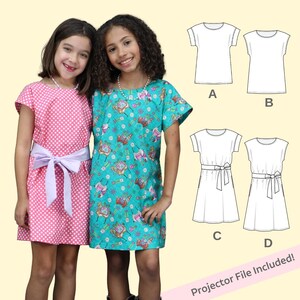 May include: Two young girls wearing dresses. One dress is pink with white polka dots and a lavender sash. The other is turquoise with a colorful print. Dress patterns are shown in the background, with the text "Projector File Included!"