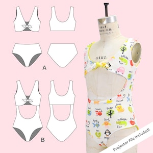 May include: A white swimsuit with a colorful animal print, a yellow trim, and a bow detail. The swimsuit is displayed on a mannequin. The image also shows diagrams of the swimsuit design. Text on the swimsuit includes the word "Girl".