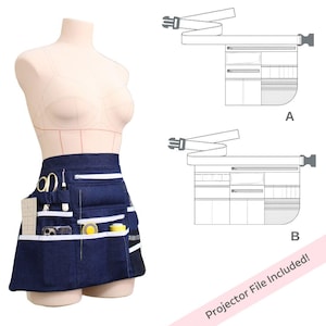 Puede incluir: Un delantal de cintura de mezclilla azul oscuro con múltiples bolsillos y ribete blanco, exhibido en un maniquí. El delantal presenta varias herramientas, incluyendo tijeras, un teléfono y una cinta métrica. Se muestran dos dibujos lineales del delantal, etiquetados A y B. También es visible el texto "Projector File Included!"