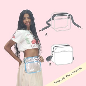 May include: A clear, rectangular crossbody bag with a blue trim, worn around the waist. The bag has a zipper closure and a detachable strap. The image also shows a diagram of the bag with a detachable strap and a separate, smaller bag.
