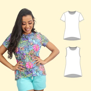 May include: A woman wearing a short-sleeved shirt with a colorful floral print. The shirt has a round neckline and a relaxed fit. The woman is also wearing blue shorts. The image includes two line drawings of shirts, one with short sleeves and one sleeveless.