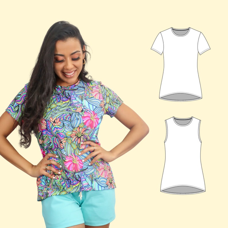 May include: A woman wearing a short-sleeved shirt with a colorful floral print. The shirt has a round neckline and a relaxed fit. The woman is also wearing blue shorts. The image includes two line drawings of shirts, one with short sleeves and one sleeveless.