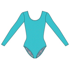 Puede incluir: Un maillot de manga larga turquesa con un estampado ondulado. El maillot tiene la espalda escotada y una entrepierna estampada. Las mangas son largas y ajustadas. El dise&ntilde;o general es sencillo y elegante, adecuado para danza o gimnasia.