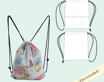 Dylan Drawstring Bag PDF Sewing Pattern back pack with three pockets / Adjustable Drawstring Bag / Easy zero waste gift / Digital Download