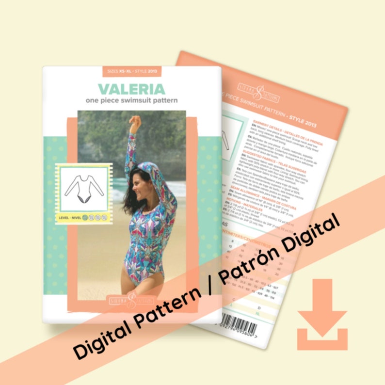 Puede incluir: Un patr&oacute;n digital para un ba&ntilde;ador de una pieza Valeria. La portada del patr&oacute;n presenta a una mujer con un ba&ntilde;ador colorido de manga larga. El patr&oacute;n incluye un diagrama y el texto "Digital Pattern / Patr&oacute;n Digital".