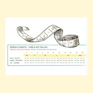 May include: A sizing chart for clothing with measurements in inches and centimeters. The chart includes sizes XS, S, M, L, XL, and XXL. The chart is labeled "Sizing Charts - Tabla de Tallas" and "Imperial Inches/Pulgadas - Metric Centimeters/Centimetros".