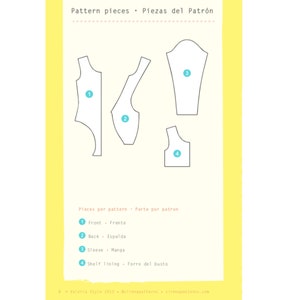 Puede incluir: Un fondo amarillo claro con cuatro piezas de patr&oacute;n blancas etiquetadas 1-4. El texto en la parte superior dice "Pattern pieces" y "Piezas del Patr&oacute;n". El texto en la parte inferior dice "Pieces per pattern" y "Parte por patron".