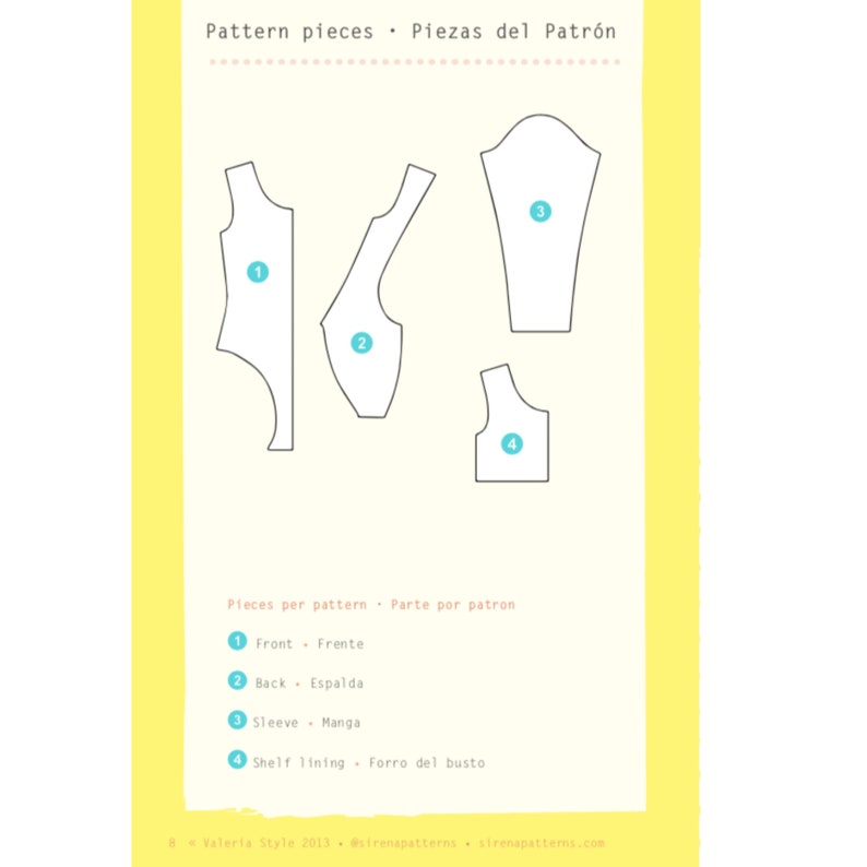 Puede incluir: Un fondo amarillo claro con cuatro piezas de patr&oacute;n blancas etiquetadas 1-4. El texto en la parte superior dice "Pattern pieces" y "Piezas del Patr&oacute;n". El texto en la parte inferior dice "Pieces per pattern" y "Parte por patron".