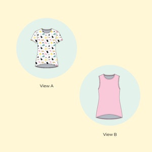 May include: Two views of a sleeveless top. View A is a white top with a colorful geometric pattern. View B is a pink sleeveless top.