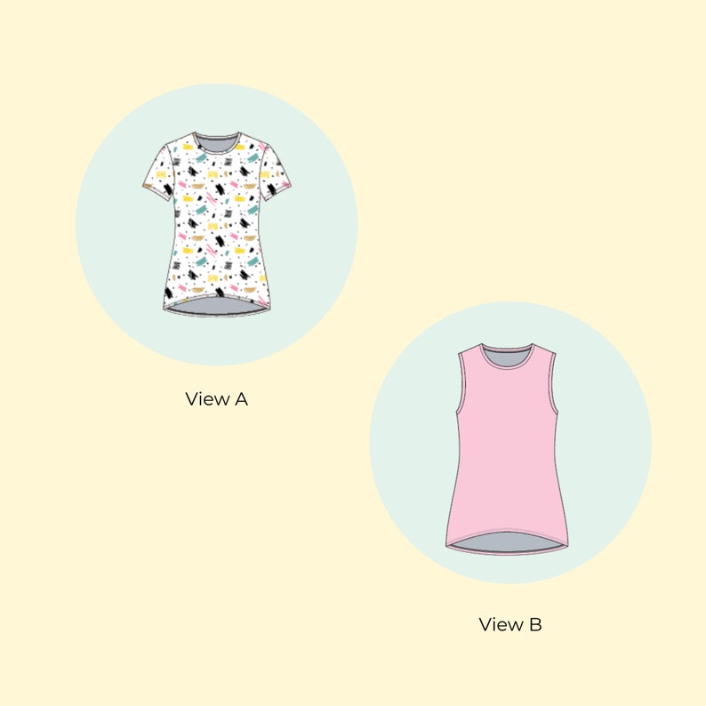 May include: Two views of a sleeveless top. View A is a white top with a colorful geometric pattern. View B is a pink sleeveless top.