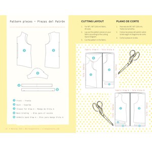 May include: A sewing pattern for a sleeveless top with a scoop neck. The pattern includes instructions for cutting and sewing the fabric. The pattern pieces are labeled with numbers and names in both English and Spanish. The pattern is for sizes 58/60 inches (150 cm).