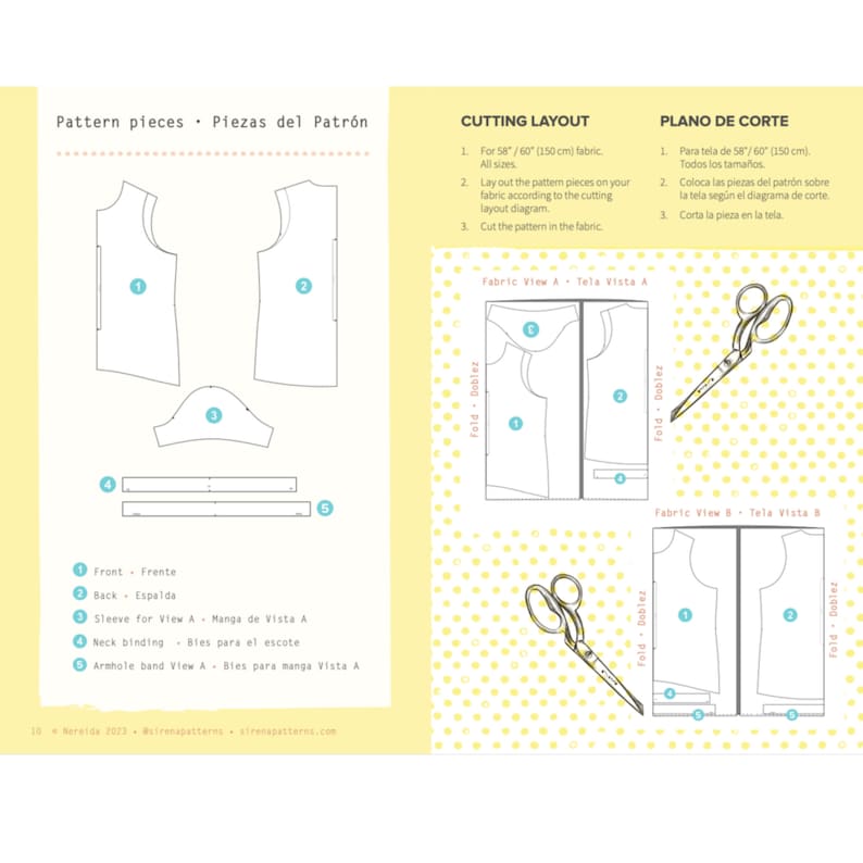 May include: A sewing pattern for a sleeveless top with a scoop neck. The pattern includes instructions for cutting and sewing the fabric. The pattern pieces are labeled with numbers and names in both English and Spanish. The pattern is for sizes 58/60 inches (150 cm).