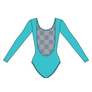 Puede incluir: Un body turquesa de manga larga con espalda baja. La parte delantera y las mangas presentan un patr&oacute;n ondulado, mientras que el panel trasero tiene un dise&ntilde;o geom&eacute;trico en gris y azul marino. El body es una prenda de una pieza.