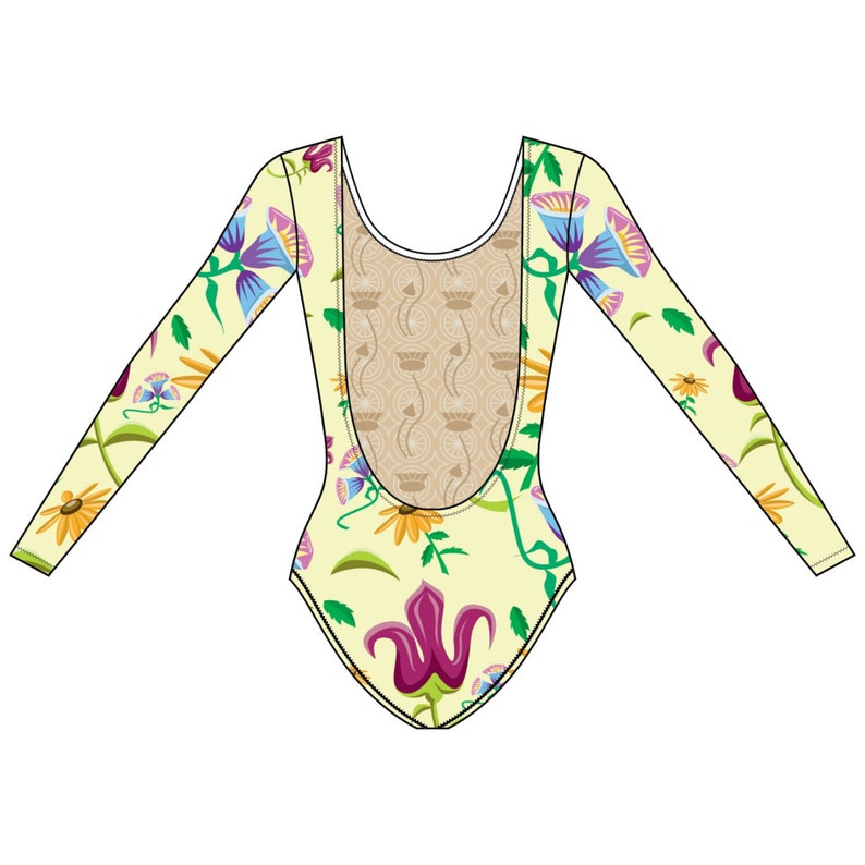 Puede incluir: Un body de manga larga con espalda descubierta, con un estampado floral en amarillo, morado, azul y naranja. El panel trasero tiene un dise&ntilde;o beige con dibujos. El dise&ntilde;o del body es sim&eacute;trico, con mangas largas que se extienden desde los hombros.