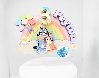 Blue Dog Cake Topper, Custom Cake Topper, Blue Birthday Decorations, Personalized Birthday Cake Topper, Pastel Rainbow Cake Topper, Blue Dog