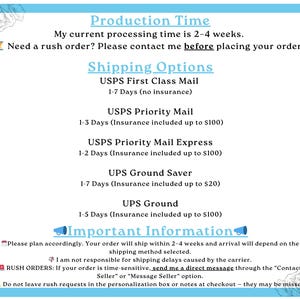 May include: A light blue informational graphic with text about production time and shipping options. The text includes USPS and UPS shipping methods, with estimated delivery times and insurance details. Floral accents frame the text.