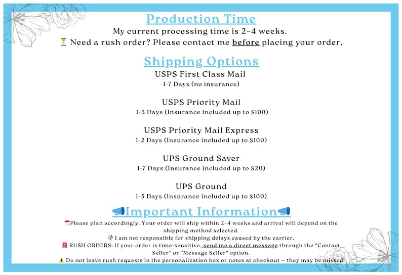 May include: A light blue informational graphic with text about production time and shipping options. The text includes USPS and UPS shipping methods, with estimated delivery times and insurance details. Floral accents frame the text.