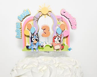 Blue Dog Cake Topper, Personalized Rainbow Birthday Topper, Custom Name & Age, Bluey Party Decorations, Double Birthday Celebration