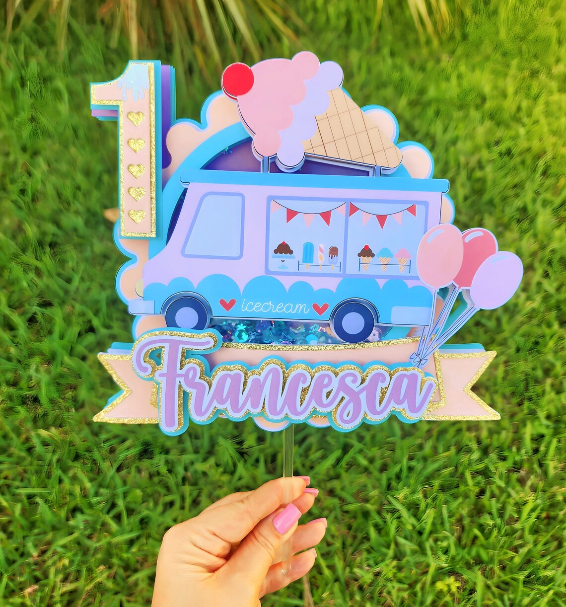 Ice Cream Cone & Number "1" Cake Topper - 7.87" Tall Acrylic First Birthday Decor (Pink & Blue) - View #10