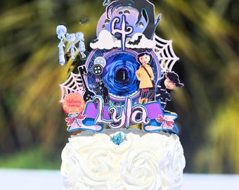 Coraline Birthday Cake Topper, Personalized Name & Age Topper, Custom Movie Theme Cake Decor, Glitter Party Decoration, Halloween Cake Decor