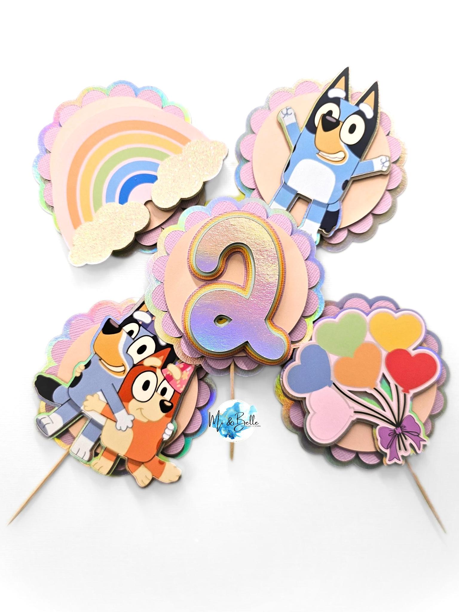 Blue Dog Rainbow Balloon Cupcake Toppers