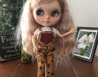 Blythe overalls, Blythe clothes, Blythe ooak, overalls with pockets, crows and birdhouses, fall, autumn, bjd doll