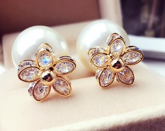 Crystals Double Sided Earring, Crystal Flower Earrings, Swarovski Crystals Earrings, Mismatched Pearl Earrings, Two Way Earrings, Christmas