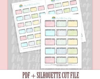 Pode incluir: Folhas de autocolantes para planeador com designs retangulares coloridos. Cada autocolante apresenta uma cor e estilo diferentes, incluindo opções com linhas, grelhas e em branco. O texto "My Little Scrap Shop" é visível, juntamente com "PDF + SILHOUETTE CUT FILE".
