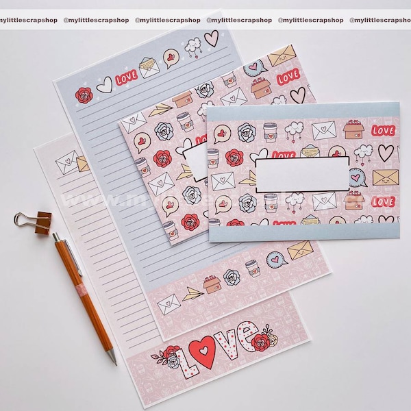 Printable Kawaii LOVE STATIONERY SET, Instant  Download, Lined Sheet for Letter Writing with Envelope, cute penpal set, happy snail mail
