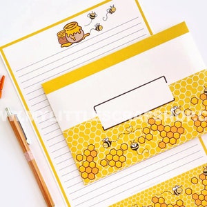 Printable Kawaii BEES STATIONERY SET, Instant  Download, Lined Sheet for Letter Writing with Envelope, cute penpal set, happy snail mail