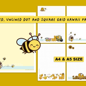 PAQUETE DE ESCRITURA DE CARTAS Kawaii Cat and Bees imprimible / Papelería de descarga instantánea / Hojas forradas, sin forro, de puntos y de cuadrícula cuadrada / Tamaño A4 y A5