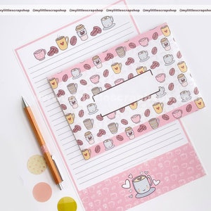 SET DI CANCELLERIA PER CAFFÈ Kawaii stampabile, Download istantaneo, Foglio a righe per scrivere lettere con busta, simpatico set di amici di penna, posta ordinaria felice