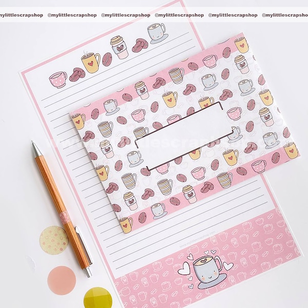 Printable Kawaii COFFEE STATIONERY SET, Instant  Download, Lined Sheet for Letter Writing with Envelope, cute penpal set, happy snail mail