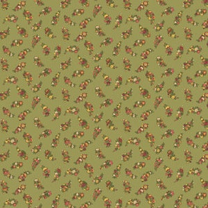May include: A green background with a repeating pattern of small floral bouquets in shades of yellow, orange, red, and green.