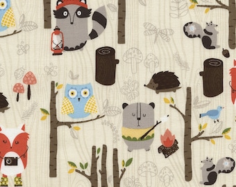 Woodland Animals Fun C3339 Cream Timeless Treasures - fox - owl - raccoon - Campy - 100% Premium Cotton Fabric