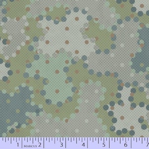 May include: Abstract fabric with a repeating pattern of overlapping circles in shades of blue, green, and brown. The circles are made up of smaller dots.