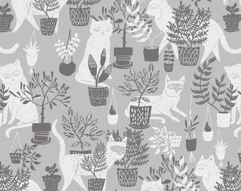 Windowsill Cats and Plants Gray - Rae Ritchie SRR610 - 100% Premium Cotton Shirting