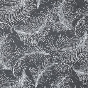 May include: A seamless fabric pattern with a repeating design of white stylized feathers on a dark gray background.
