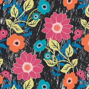 May include: A black background with a colorful floral pattern. The flowers are pink, orange, blue, and yellow. The pattern is made up of stylized flowers and leaves.