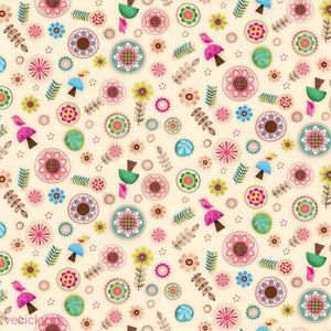 Friendly Forest 25349 Forest badges - Mushroom and flowers on Cream from SPX - Woodland - 100% Premium Cotton - FQ in Stock