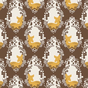 May include: A seamless pattern featuring a stylized deer silhouette in a floral frame. The deer is a golden yellow color, and the frame is made up of white flowers and leaves on a brown background.
